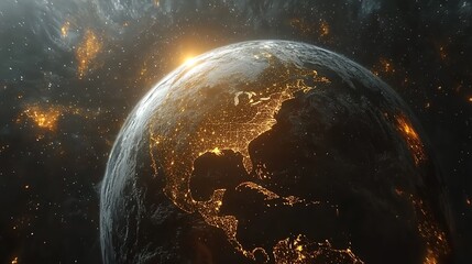 A vibrant Earth rising over the horizon showcasing illuminated cities and a sense of global