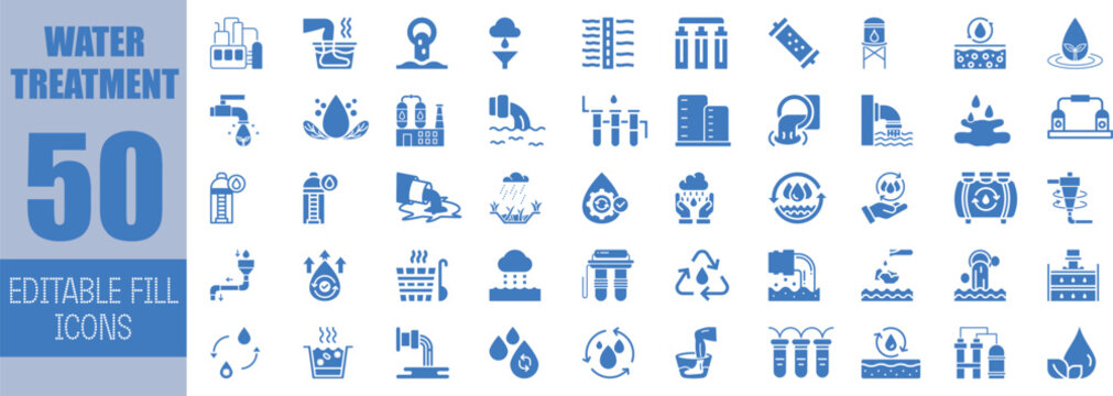Fifty editable water treatment icons blue glyph style
