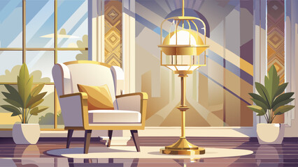 Hints of gold shine in a decorative lamp beside the white armchair. Gentle reflections add charm, contrast, richness, and elegance to the clean, bright room’s modern aesthetic.

