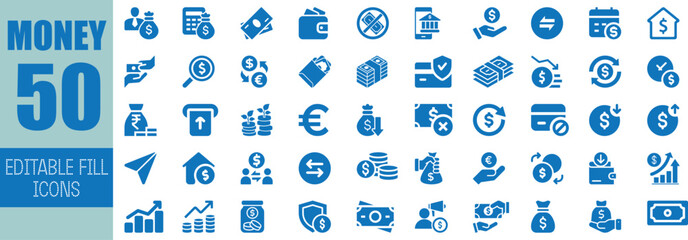 Fifty editable blue money icons finance banking currency