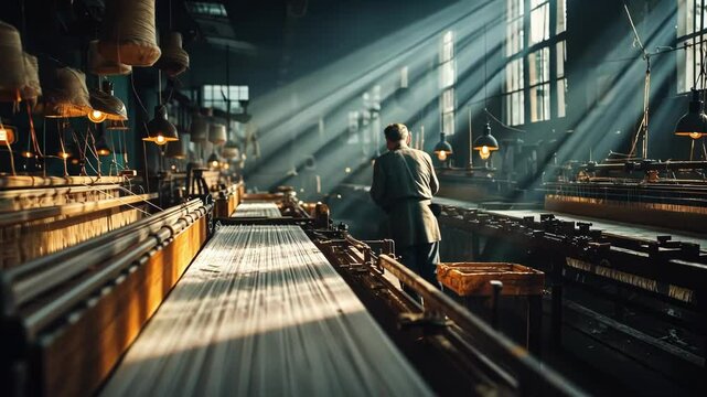 Man in textile factory, sunlight beams, vintage machinery