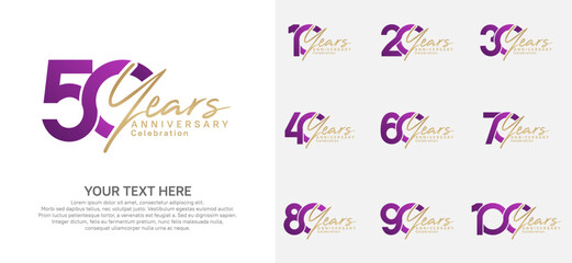 Anniversary logo set vector design, purple and gold color for celebration event