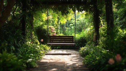 Wooden Swing Seat In Lush Green Garden Pathway