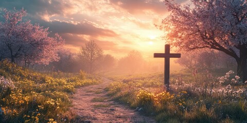 Tranquil pathway through a blossoming field at sunset with a wooden cross in the foreground