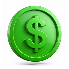 Obraz premium Dollar Currency Symbol on Green Coin 3d icon in cartoon plastic style minimal isolated on white background, clipping path