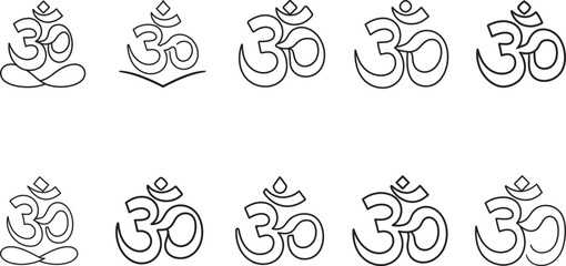 Illustrative collection featuring various stylish Om symbol depictions in black linear designs, perfect for spiritual, meditation, and yoga uses.

