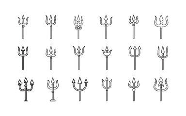 A diverse set of trident-themed icons drawn with clean lines, showcasing distinct shapes and styles for creative and symbolic design applications.

