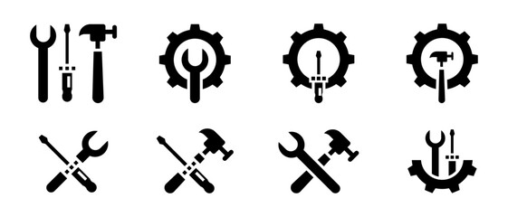 Conjunto de iconos de herramientas con engranaje. Mecánica, mantenimiento, reparación, ajuste y ensamblaje. Llave inglesa, destornillador y martillo con engranaje. Ilustración vectorial