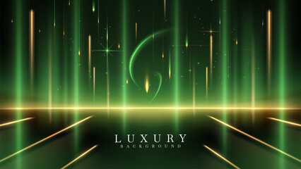 Green northern lights scene glowing in the night sky decorated with golden glow effect and stars, luxury style background design concept.
