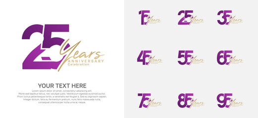 Anniversary logo set vector design, purple and gold color for celebration event