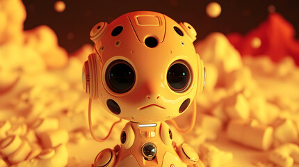 Cute yellow robot with big eyes in hybrid computing environment looks curious and futuristic in warm glowing setting