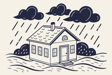 Vector illustration of a flooded house with heavy rain and dark clouds