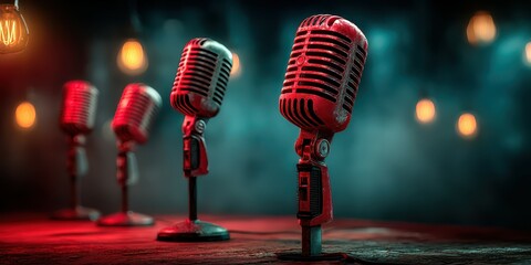 Multiple vintage microphones set up for a live music performance in an intimate venue with moody lighting