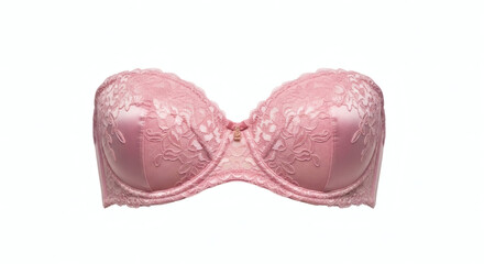 Elegant strapless pink bra with intricate lace design on a clean white background
