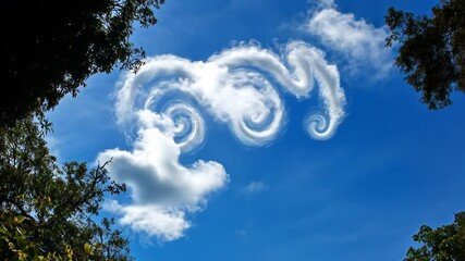 Whimsical clouds swirl across a vibrant blue sky framed by lush foliage - Powered by Adobe