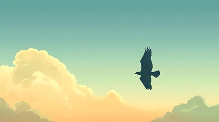 Silhouette of a bird soaring through a pastel sky.