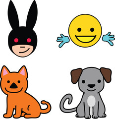 Adorable cartoon character collection featuring a bunny emoji smiling face dog and cat illustrations.