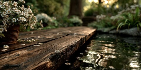 Tranquil garden path alongside a serene pond with blooming flowers at sunset