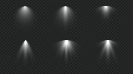 Realistic white spotlight beam set, stage lighting vector, soft glowing light effect, transparent isolated design element, overhead illumination, bright spot highlight for compositions