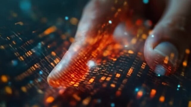 Futuristic digital data flow with hand touching glowing binary code information