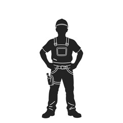Construction worker silhouette with hands on hips.  Construction worker illustration showing a person in overalls and hard hat.