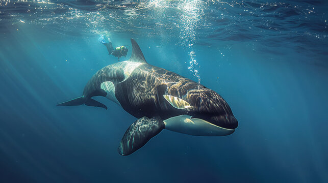 Scuba diver diving snorkeling swimming underwater in blue sea or ocean next to the orca dolphin killer whale. Marine aquatic wildlife animal, dangerous fish predator, deep undersea, travel.