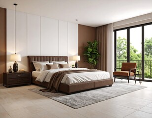 Modern bedroom with brown accents and large windows