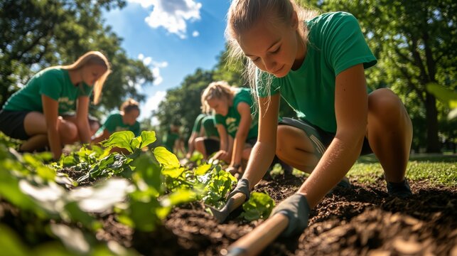 Young volunteers participate in community gardening project on a sunny afternoon in a vibrant park setting