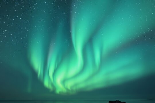 Mesmerizing Aurora Borealis Display Vibrant Green Lights Dance Across the Night Sky Over a Serene Seascape, a Breathtaking Celestial Spectacle of Nature's Majesty