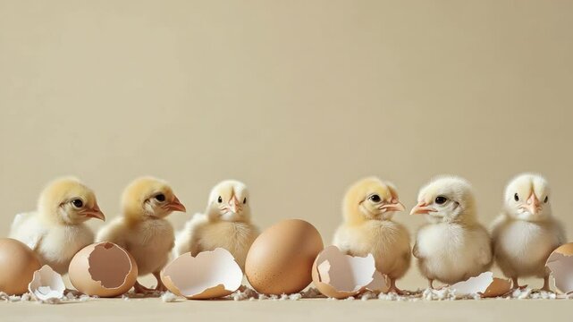 Newborn Chicks Hatching from Eggs on a Light Background, Adorable Baby Birds in a Row, Springtime and Farm Life Theme4k video footage