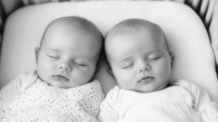 Black and white photograph of sleeping baby twins in a shared crib