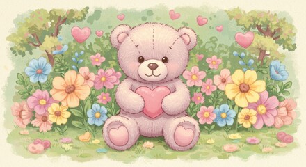 Obraz premium Teddy Bear in a Flower Garden - Adorable teddy bear holding a heart sits amidst a vibrant garden of colorful flowers. Perfect for Valentine's Day, Mother's Day