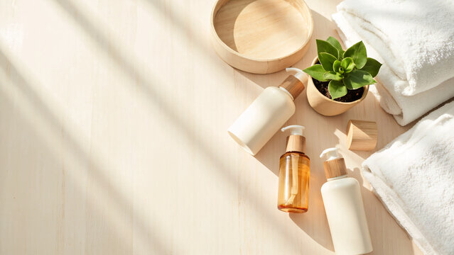 Clean ceramic spa bath salt and cosmetics with soap in a bright interior