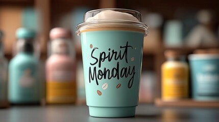 Coffee Cup with Spirit Monday Text in Bright Coffee Shop Setting