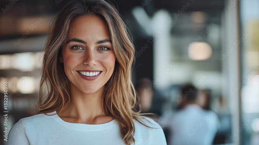 Poster smiling confident business leader in a modern office setting exuding professionalism and warmth
