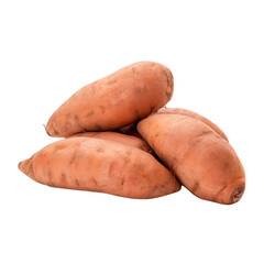 A pile of sweet potatoes, isolated on transparent background, shows their earthy tones and rough textures