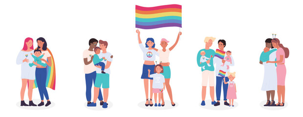 LGBT family flat vector illustration set. Cartoon happy LGBT family people collection of gay lesbian bisexual couple parent character and adopted children, rainbow adoption parenting isolated on white