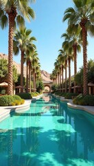 Fototapeta premium Serene desert oasis landscape, lush palm trees surrounding a tranquil pool of water reflecting the clear blue sky A perfect escape from the harsh desert environment , oasis, sun, wilderness
