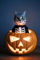 Cat in Pumpkin Wearing Skeleton Costume for Halloween