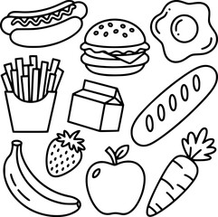 Black and white outline illustration of various food items