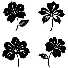 Four Black and White Hibiscus Flower Silhouette Graphics in Square Composition Layout