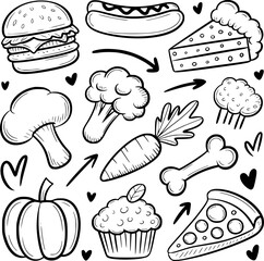 Hand drawn food elements including burger hotdog cake pizza