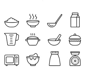 Kitchen utensils and food icons in minimalist black outlines