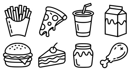 Outline illustration of common fast food items
