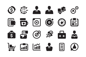 Collection of diverse business and finance icons representing various aspects of commerce and management