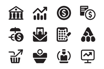 Finance and Investment Icons: A Collection of Black Glyph Illustrations