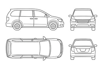 Detailed vector illustration of a minivan showcasing side, front, back, and top views.