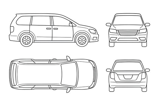 Detailed vector illustration of a minivan showcasing side, front, back, and top views.