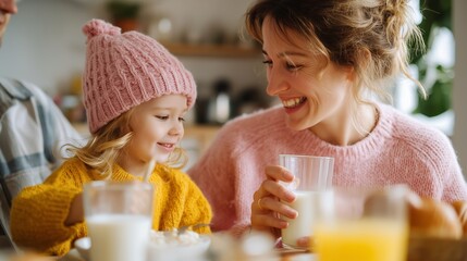 Family enjoys breakfast together with smiles in a cozy kitchen setting during morning hours