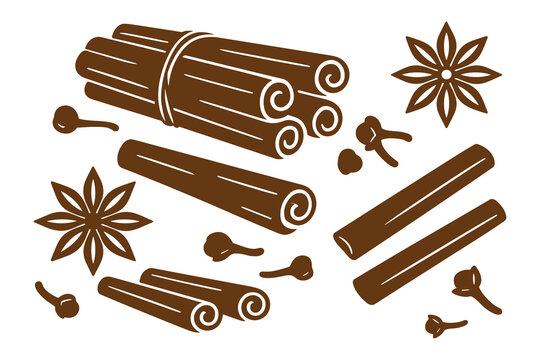 Detailed vector illustration of cinnamon sticks, star anise, and cloves spice set in brown.